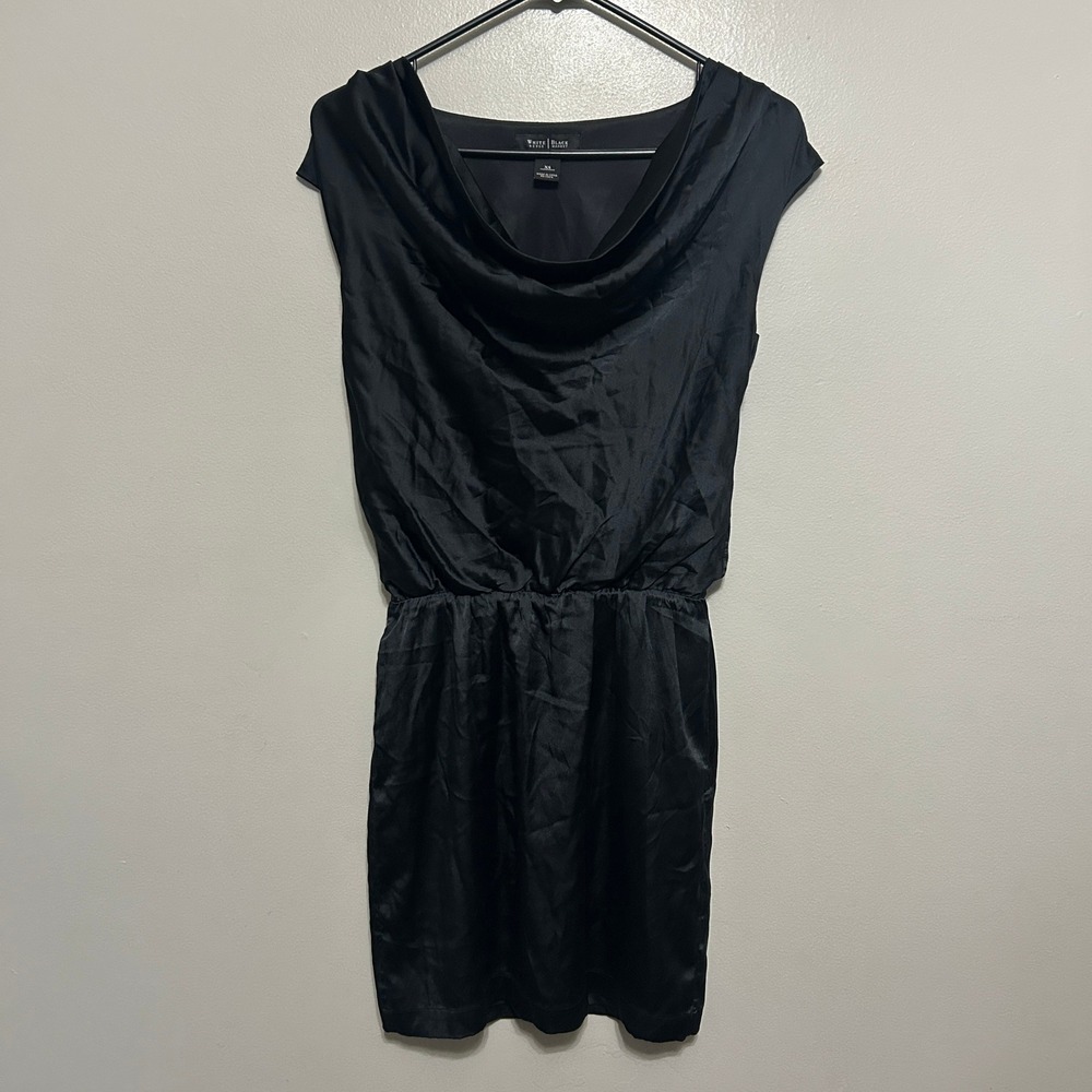 White House Black Market Mini Dress XS Black Silk Cowl Neck Quiet Luxury Party